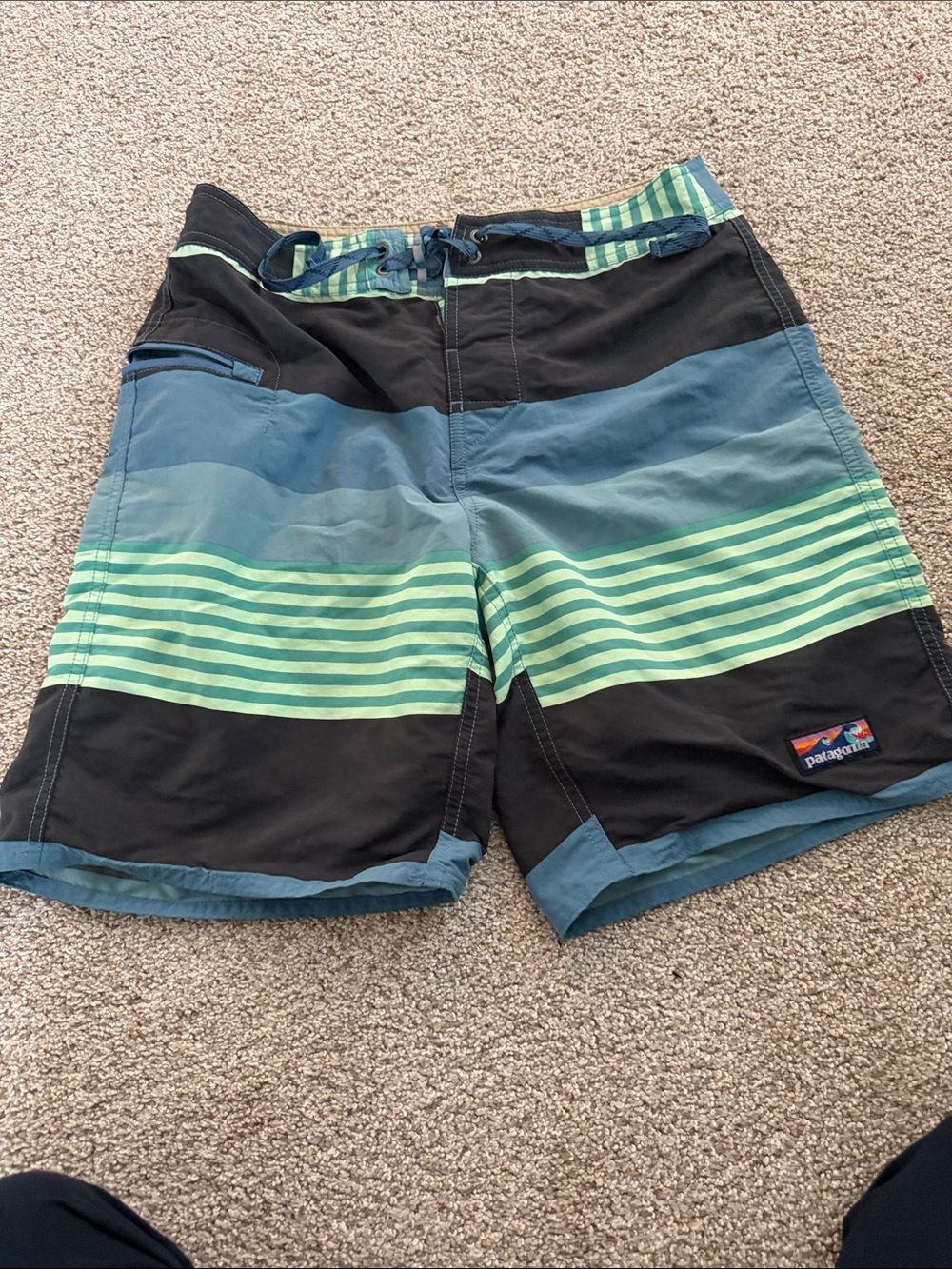 Patagonia Men’s Black, Blue & Green Striped Swim Board Shorts